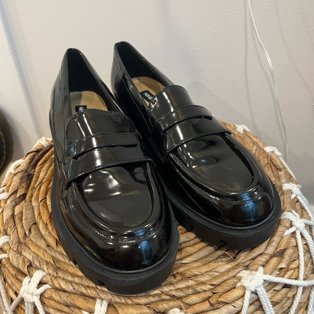 Nine West Black Patent Leather Chunky Platform Loafers Grunge Punk Preppy